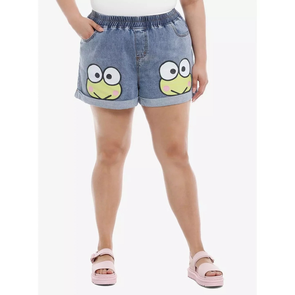 NEW Keroppi Face Elastic High Waisted Denim Shorts Womens Size Medium